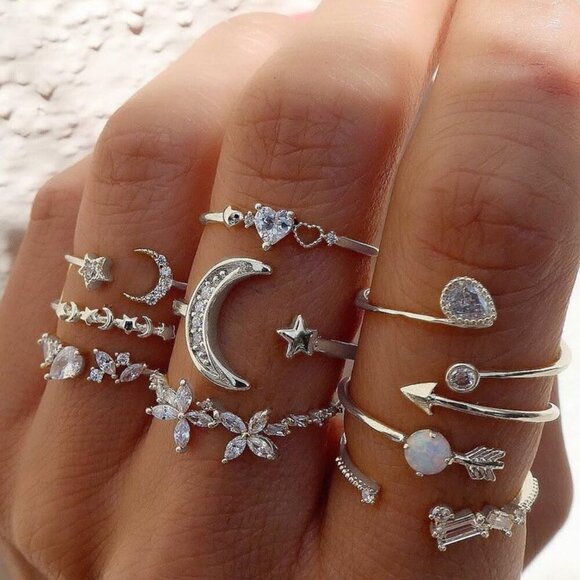 CSIYSNJRY99 Dainty Silver Rings for Women Boho Stackable Star Moon Flower Silver - Picture 2 of 7